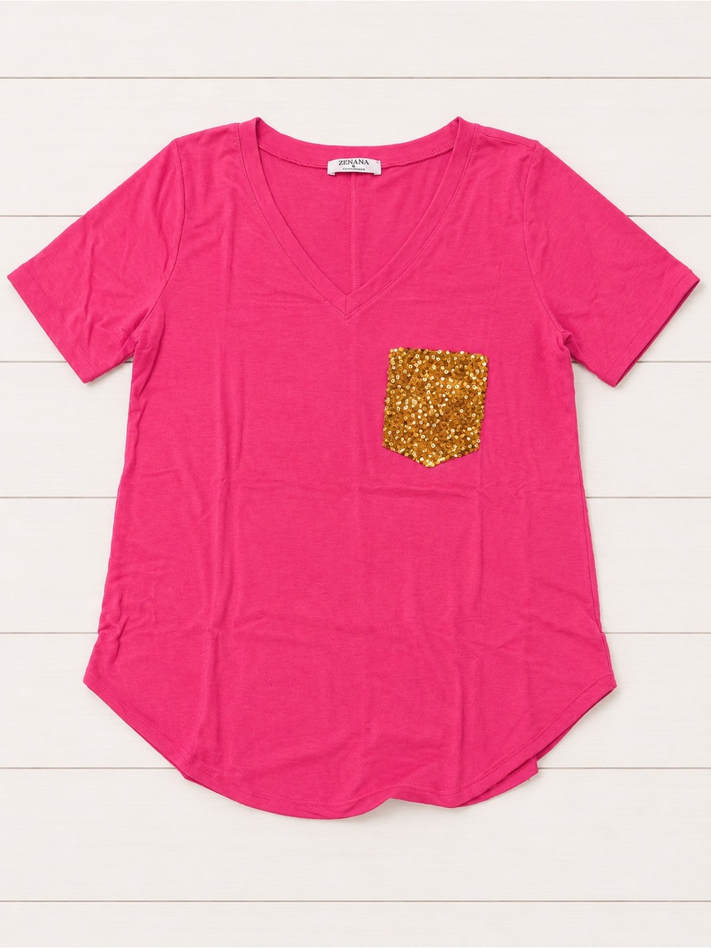 ZENANA Pink V-Neck Tee with Gold Sequin Pocket